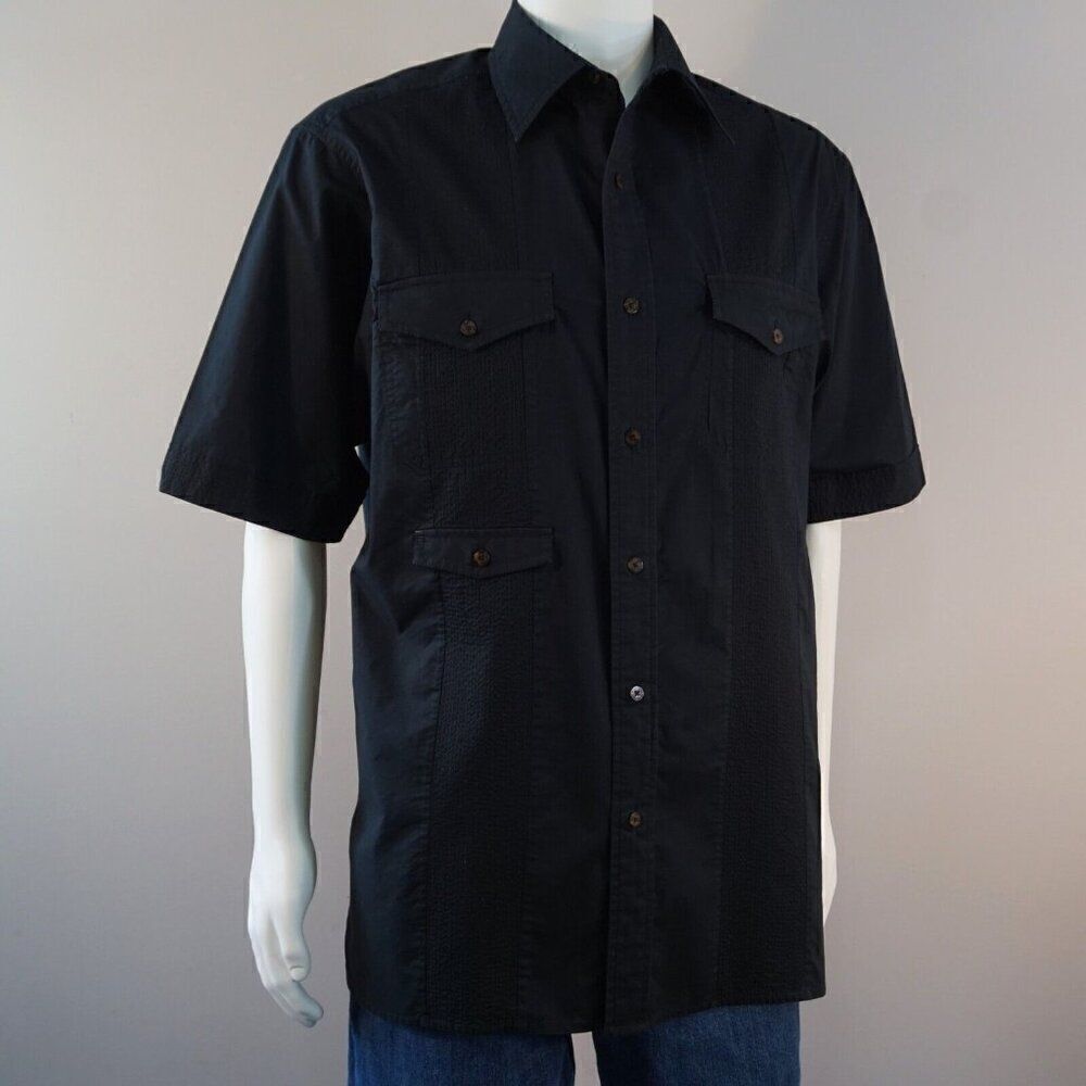Sean John Black Cotton Shirt Mens Sz L Classic Fit Short Sleeve Guayabera Style